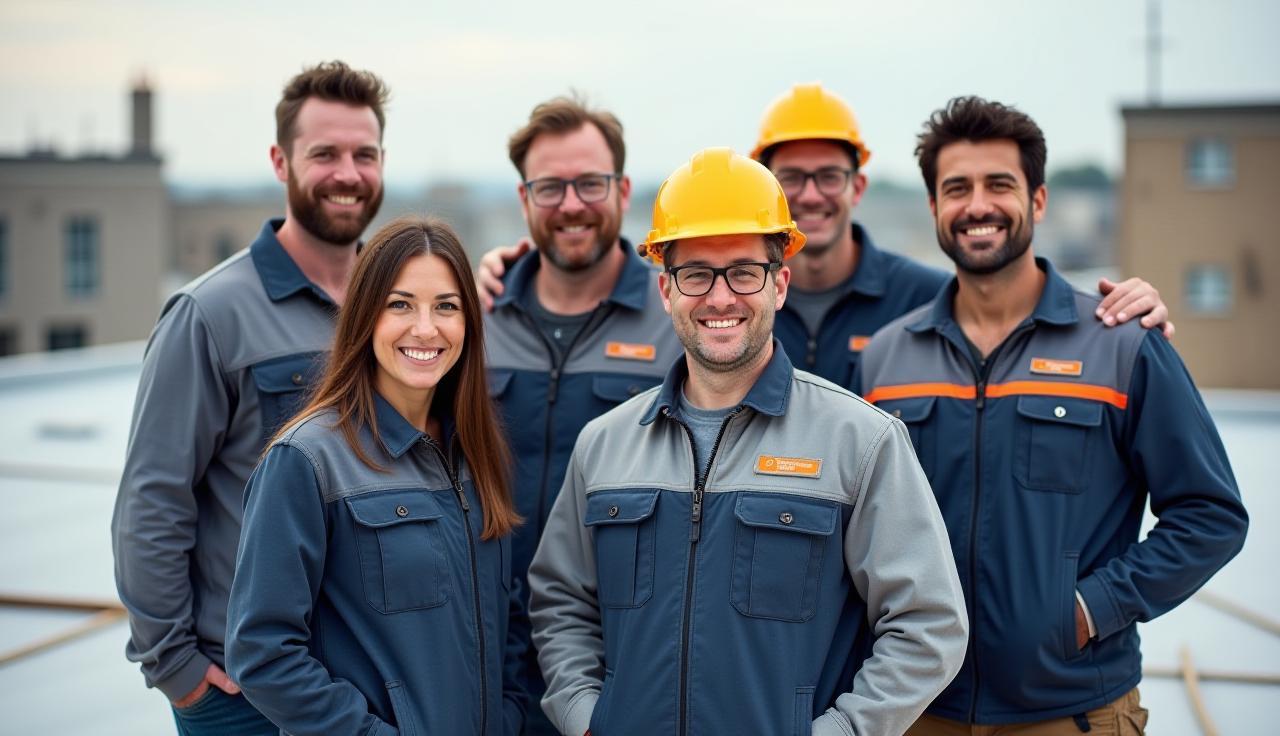 A professional team of J P Lahr & Sons Roofing technicians on a job site, reflecting teamwork and expertise.