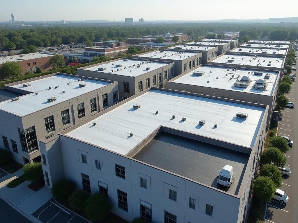 Multi-unit commercial complex with renovated flat roofing, highlighting scope of work.