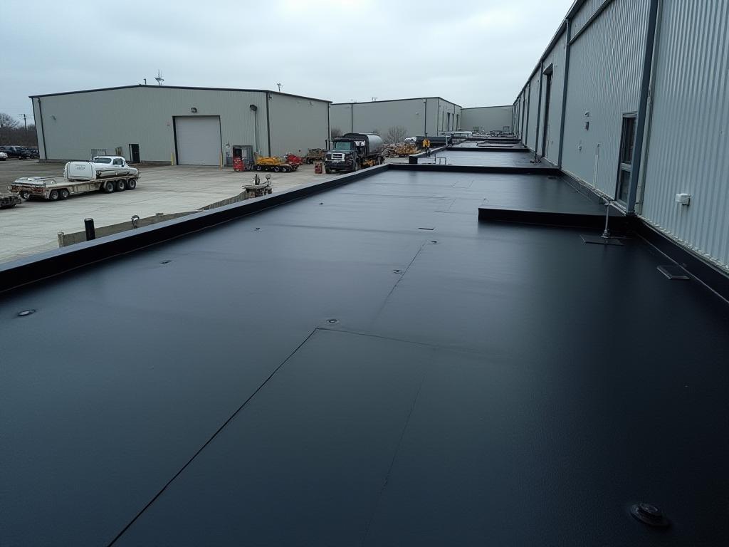 Industrial building with newly installed EPDM flat roof, showcasing durability.