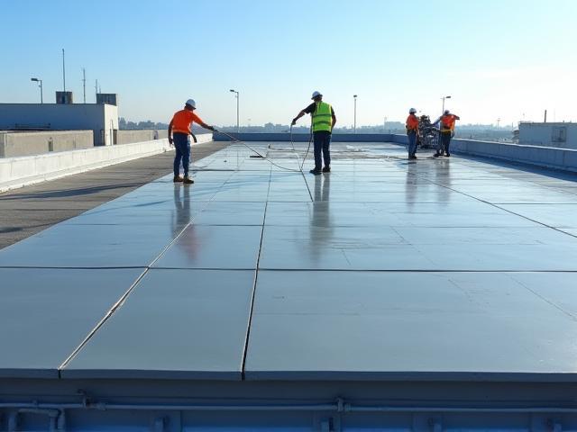 Commercial flat roof installation in progress showcasing large building size.