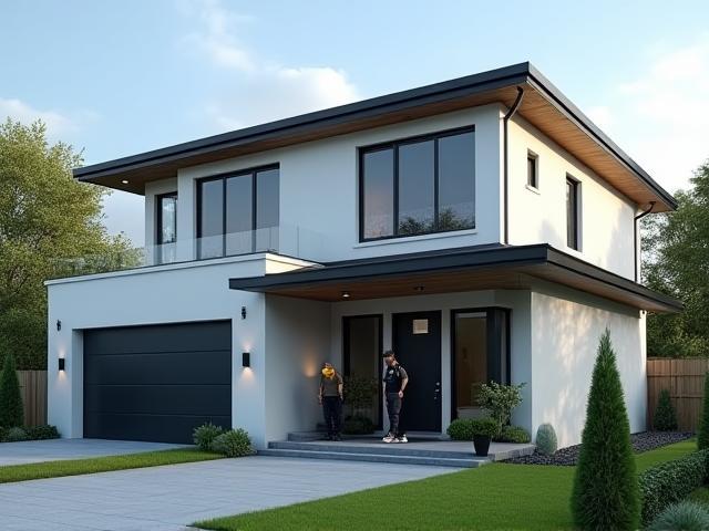Residential flat roof maintenance on a modern home with clean lines.