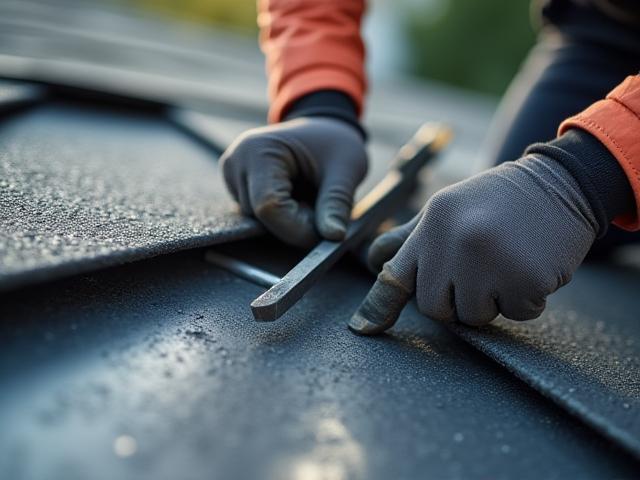 Roofing technician performing a detailed flat roof repair, focusing on attention to detail.