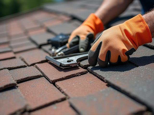 Close-up of a damaged residential shingle roof being repaired by a skilled worker.